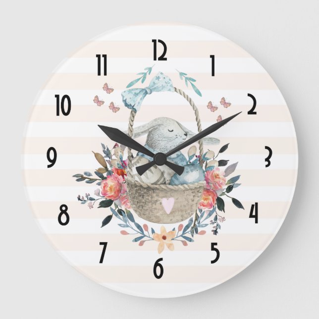 Cute Bunny in a basket with Eggs & Pretty Flowers Large Clock (Front)