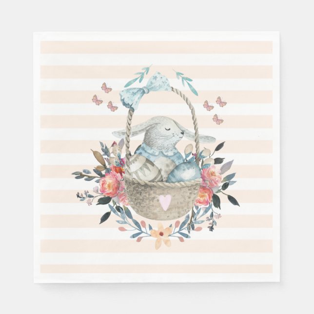 Cute Bunny in a basket with Eggs & Pretty Flowers Napkin (Front)