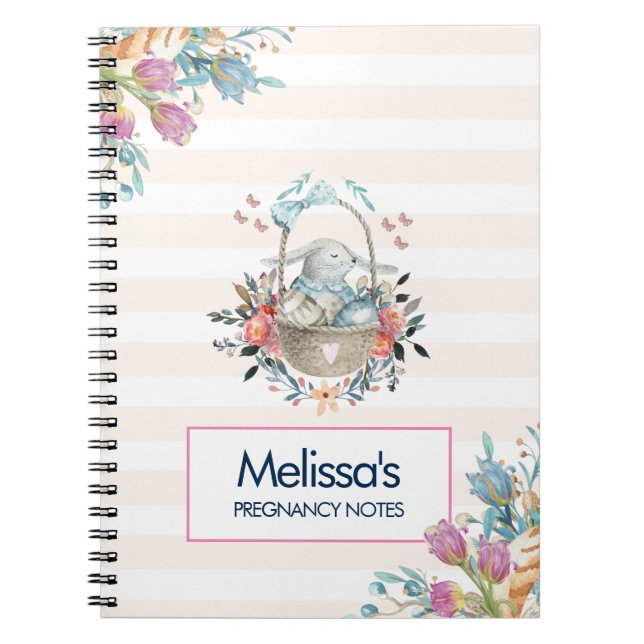 Cute Bunny in a basket with Eggs & Pretty Flowers Notebook (Front)
