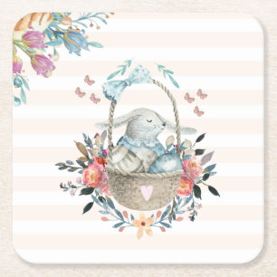 Cute Bunny in a basket with Eggs & Pretty Flowers Square Paper Coaster