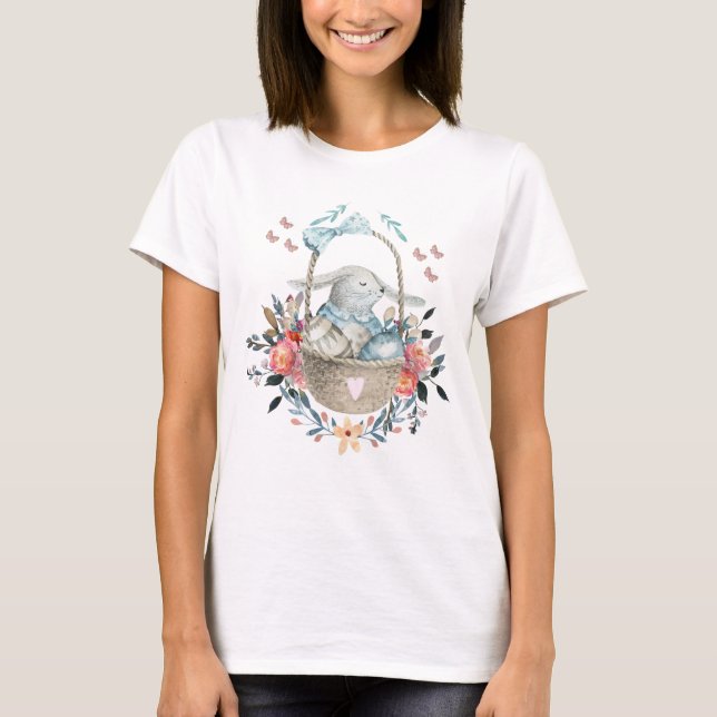 Cute Bunny in a basket with Eggs & Pretty Flowers T-Shirt (Front)