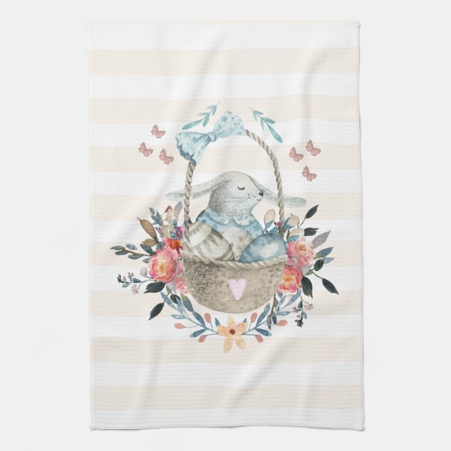 Cute Bunny in a basket with Eggs & Pretty Flowers Tea Towel (Vertical)