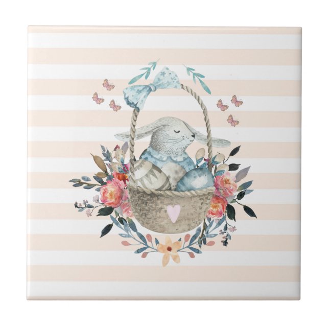 Cute Bunny in a basket with Eggs & Pretty Flowers Tile (Front)