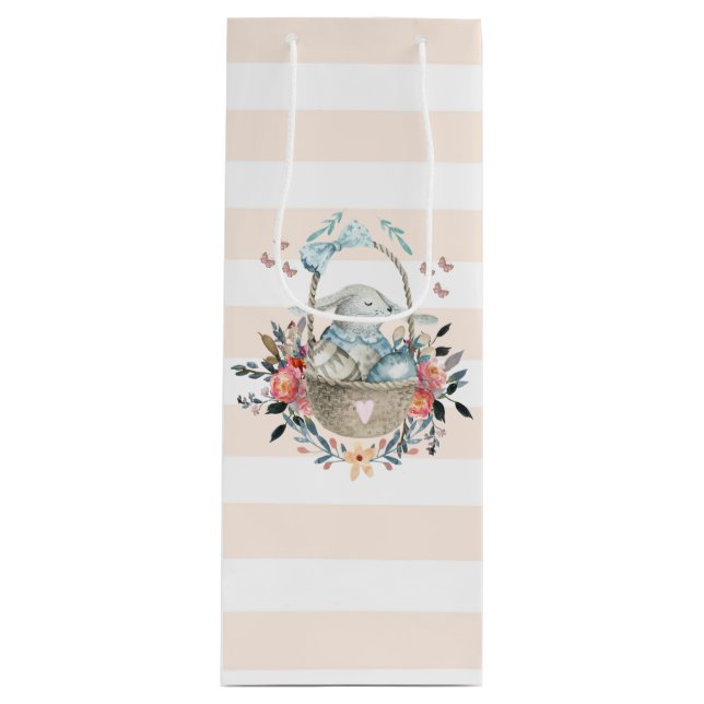 Cute Bunny in a basket with Eggs & Pretty Flowers Wine Gift Bag (Front)