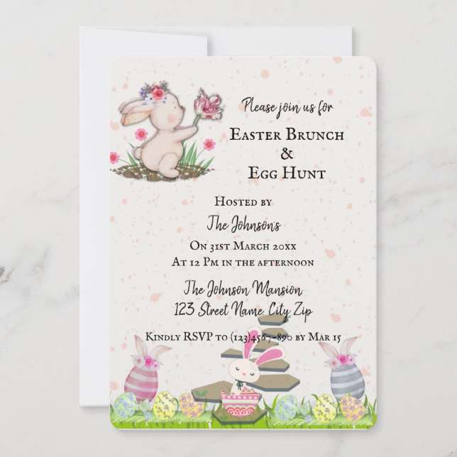 Cute Bunny in a Beige Texture Minimal Easter Invitation (Front)