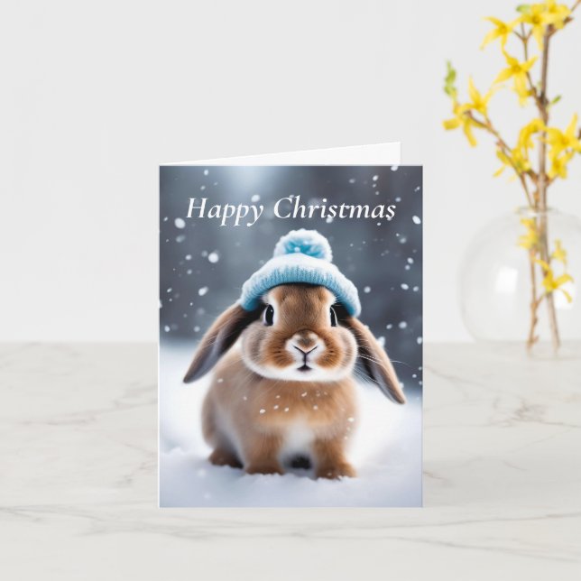 Cute Bunny in a Bobble Hat OWN ART Christmas Card (Yellow Flower)