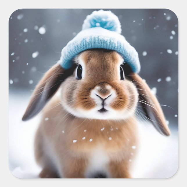 Cute Bunny in a Bobble Hat OWN ART Christmas Square Sticker (Front)