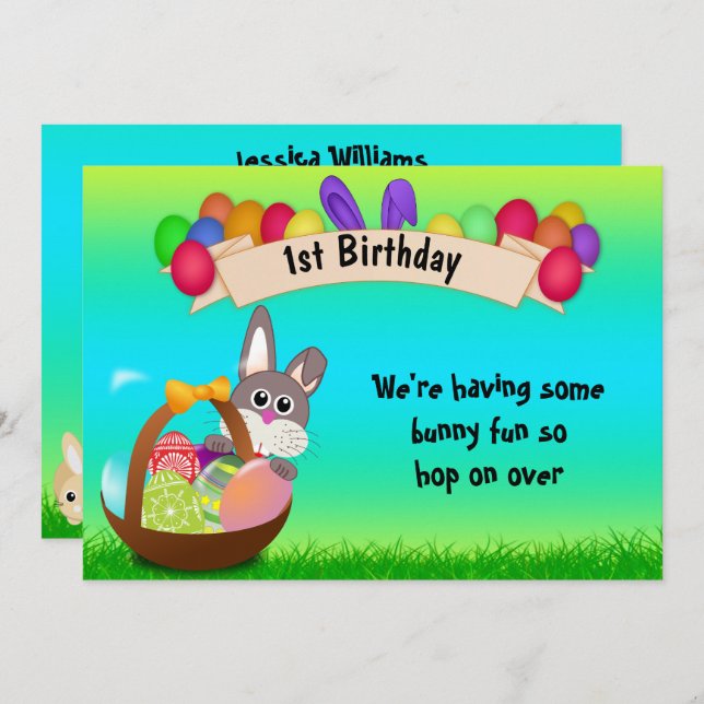 Cute Bunny In Basket Easter 1st Birthday Invitation (Front/Back)