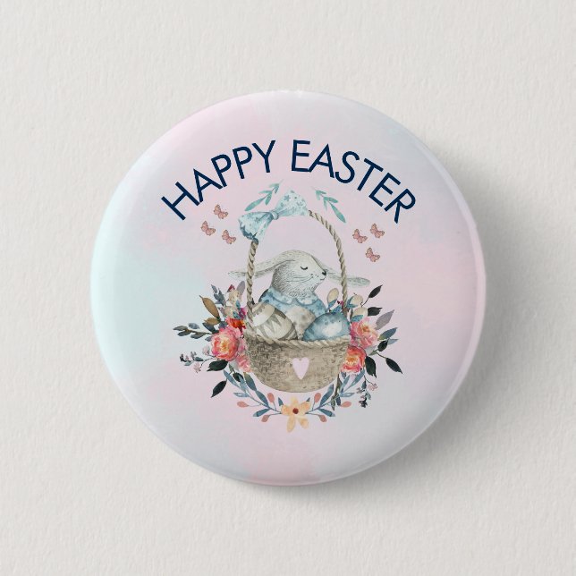 Cute Bunny in Basket & Pretty Florals Happy Easter 6 Cm Round Badge (Front)