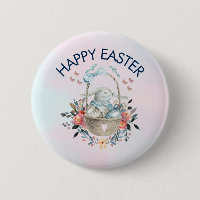 Cute Bunny in Basket & Pretty Florals Happy Easter