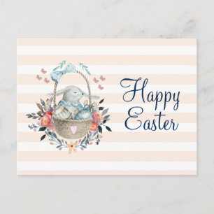 Cute Bunny in Basket & Pretty Florals Happy Easter Holiday Postcard