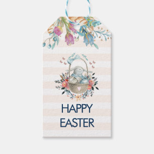 Cute Bunny in Basket & Tulip Florals Happy Easter Gift Tags