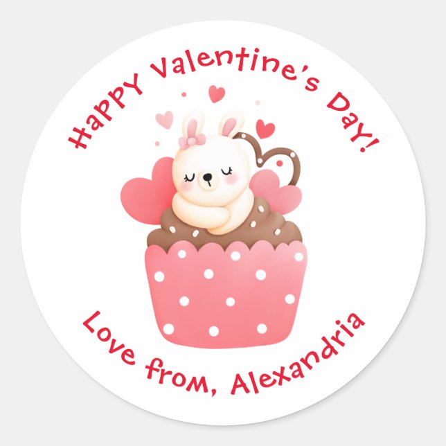 Cute Bunny in Cupcake Custom Kids Valentine's Day Classic Round Sticker (Front)