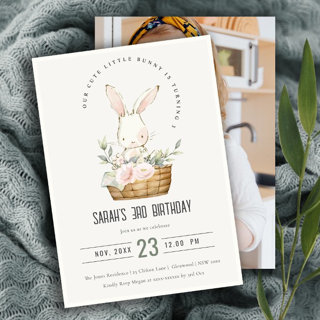 Cute Bunny In Floral Basket Kids Photo Birthday Invitation (Creator Uploaded)