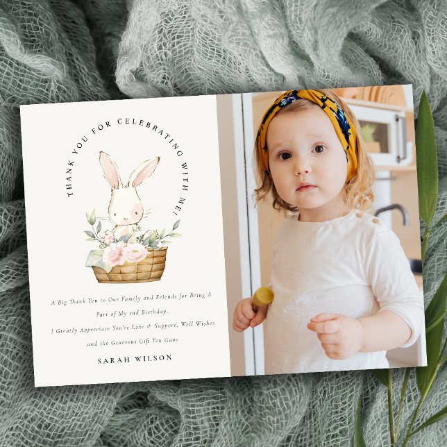 Cute Bunny In Floral Basket Kids Photo Birthday Thank You Card (Creator Uploaded)