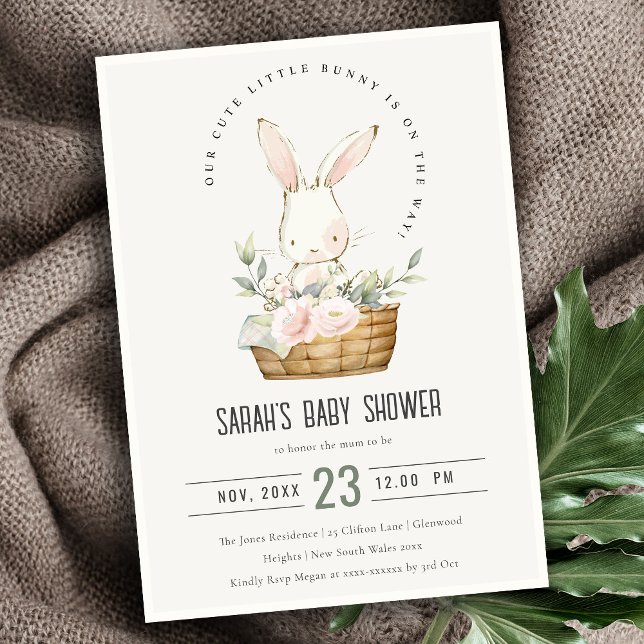 Cute Bunny In Floral Basket Neutral Baby Shower Invitation (Creator Uploaded)