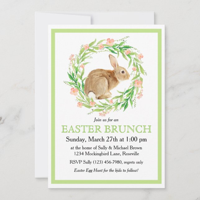 Cute Bunny in Floral Wreath Easter Brunch Invitation (Front)