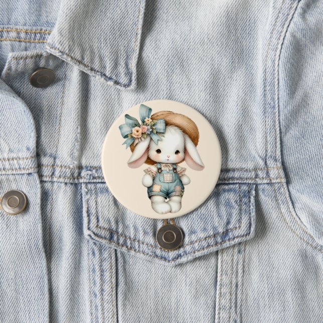 Cute Bunny in Overalls with Straw Hat & Bow 7.5 Cm Round Badge (In Situ)