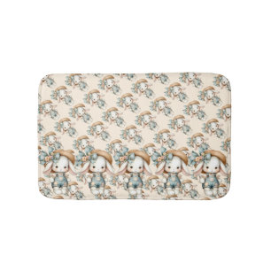 Cute Bunny in Overalls with Straw Hat & Bow Bath Mat