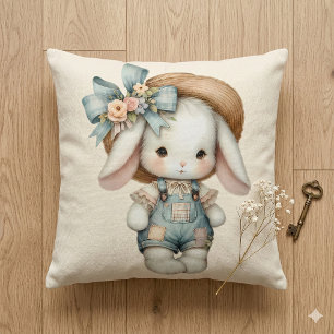 Cute Bunny in Overalls with Straw Hat & Bow Cushion