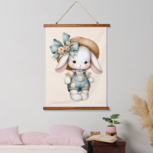 Cute Bunny in Overalls with Straw Hat & Bow Hanging Tapestry