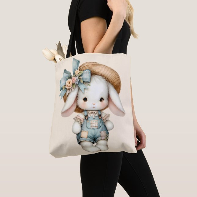 Cute Bunny in Overalls with Straw Hat & Bow Tote Bag (Close Up)