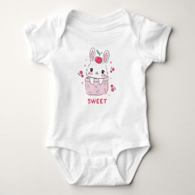 Cute Bunny in Pink Cherry Pocket - Sweet Kawaii Il Baby Bodysuit (Front)