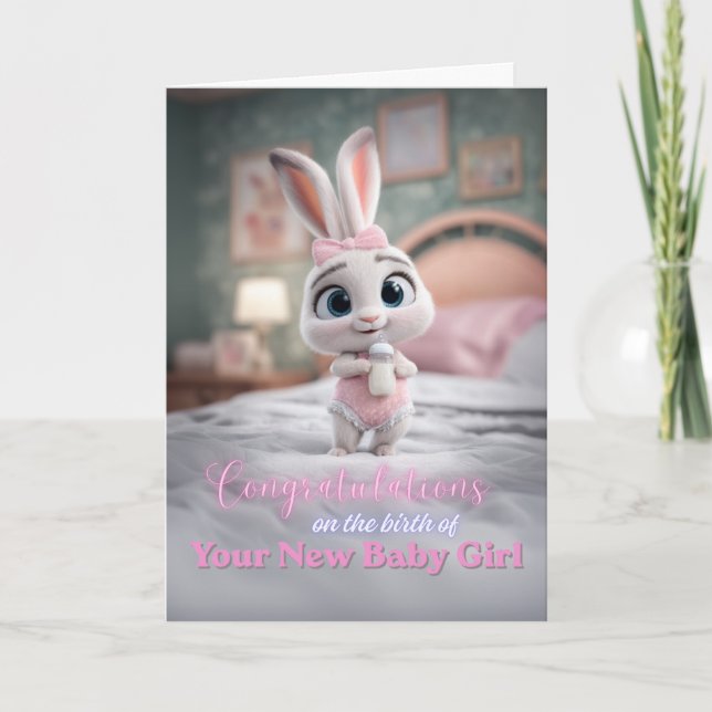 Cute Bunny in Pink New Baby Girl Congratulations Card (Front)