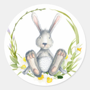 Cute Bunny in Spring Floral Wreath Classic Round Sticker