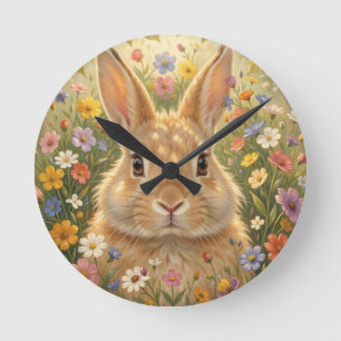 Cute Bunny in Vibrant Flower Meadow Round Clock