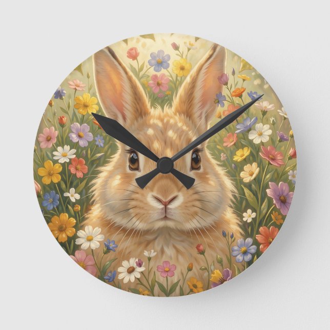 Cute Bunny in Vibrant Flower Meadow Round Clock (Front)