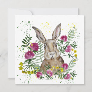 Cute bunny in watercolor flowers invitation