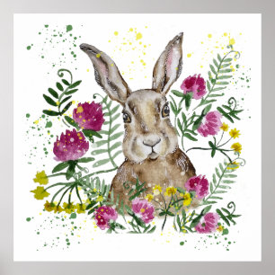 Cute bunny in watercolor flowers  poster