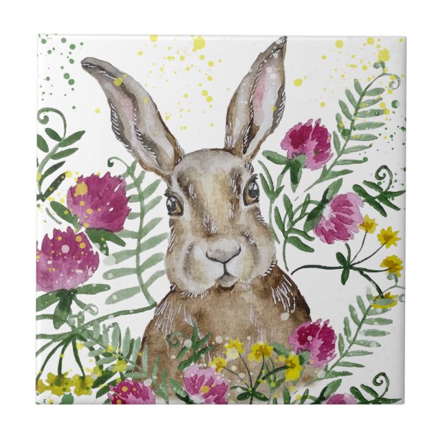 Cute bunny in watercolor flowers  tile (Front)