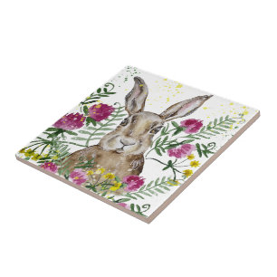 Cute bunny in watercolor flowers tile