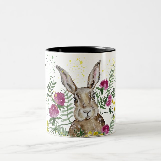 Cute bunny in watercolor flowers Two-Tone coffee mug (Center)