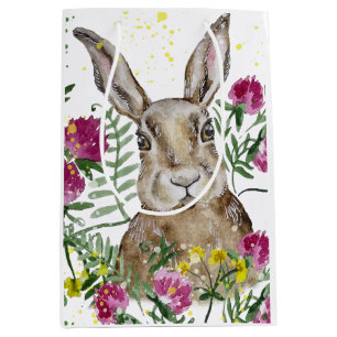 Cute bunny in watercolour flowers medium gift bag