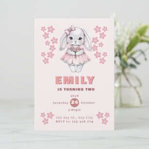 Cute Bunny Is Turning Two Girl 2nd Birthday Invite