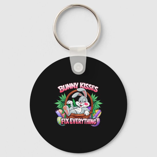 Cute bunny kisses fix everything funny rabbit key ring (Front)