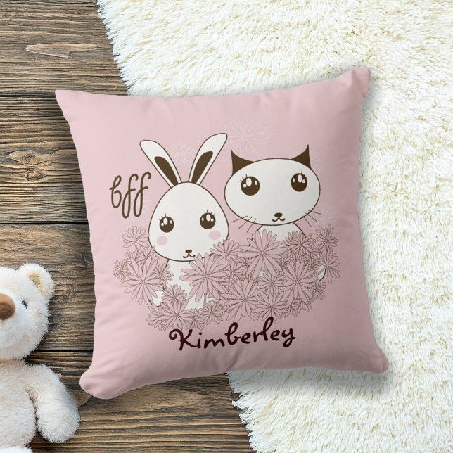 Cute Bunny Kitten Animal Friends Pink Girls Kids Cushion (Creator Uploaded)