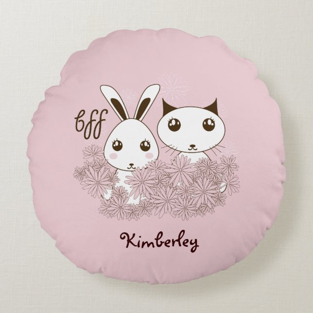Cute Bunny Kitten Animal Friends Pink Girls Kids Round Cushion (Front)