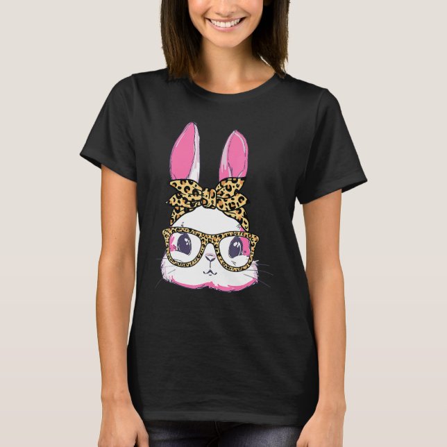 Cute Bunny Leopard Messy Bun Glasses Headband Happ T-Shirt (Front)