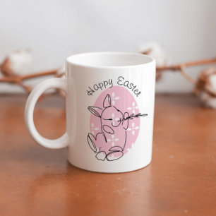Cute Bunny Line Art Pink Egg Spring Coffee Mug