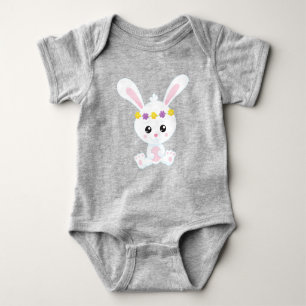 Cute Bunny, Little Bunny, White Bunny, Flowers Baby Bodysuit