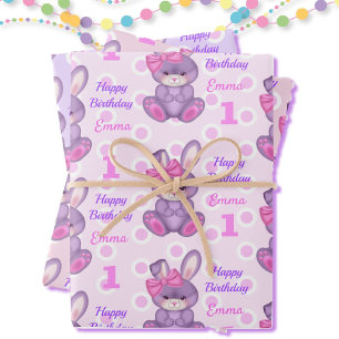 Cute Bunny Little Girls Pink & Lavender Name Age Wrapping Paper Sheet