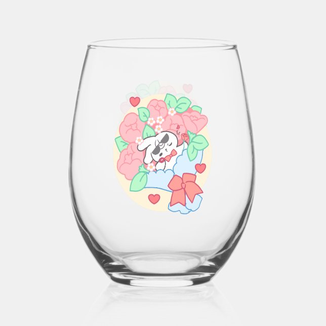 Cute Bunny Loppi Tokki Waves Hello Stemless Wine Glass (Front)