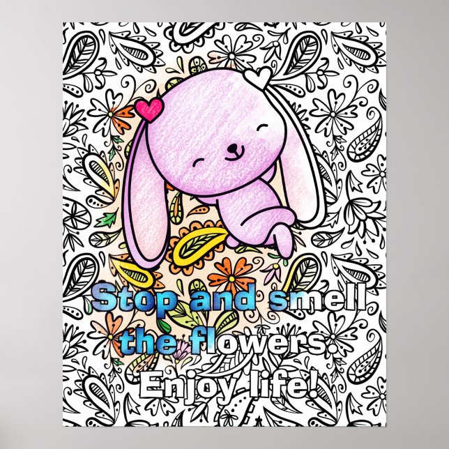 Cute Bunny Lounging in Flowers Cute Adult Coloring Poster (Customize this adorable bunny poster you can color. Great for bunny lovers everywhere.)