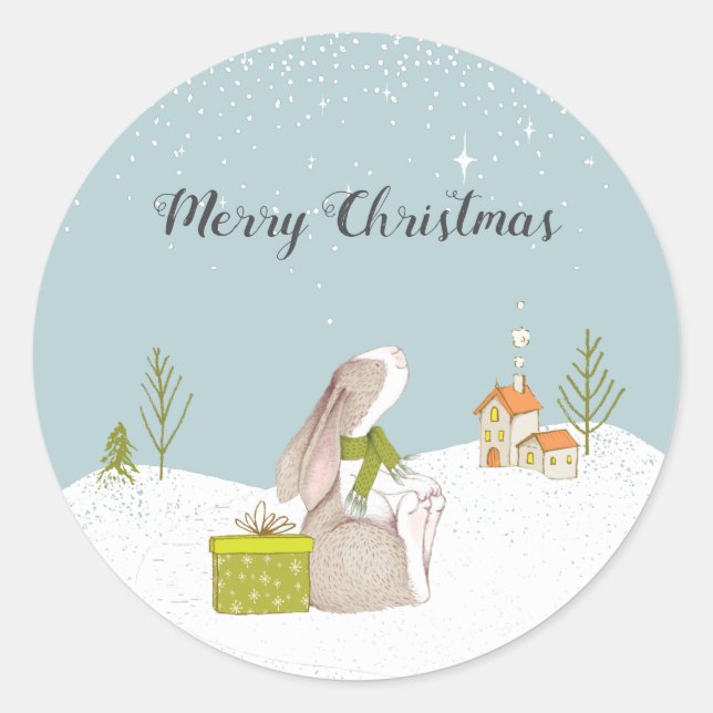 Cute Bunny Merry Christmas Classic Round Sticker (Front)