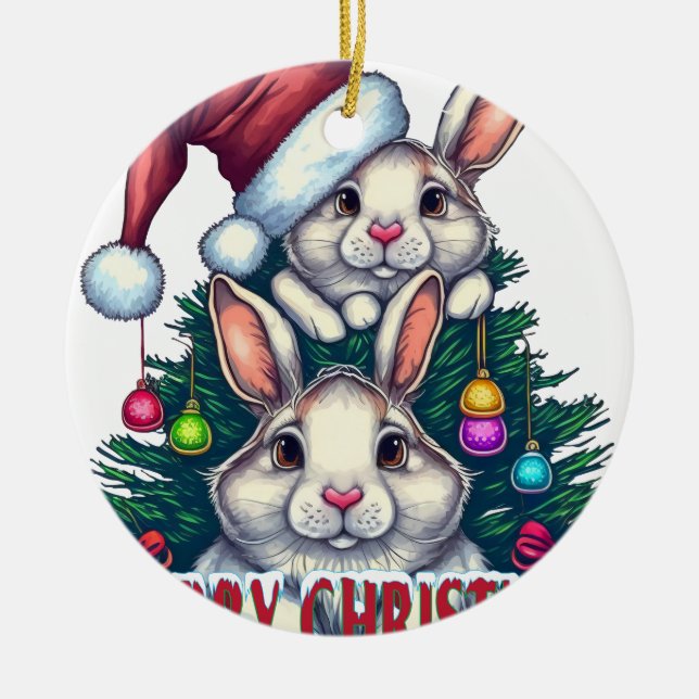 Cute Bunny Merry Christmas – Holiday Rabbit Ceramic Tree Decoration (Front)