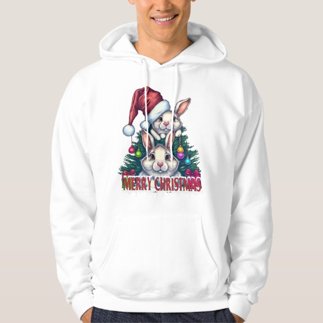 Cute Bunny Merry Christmas – Holiday Rabbit Hoodie (Front)
